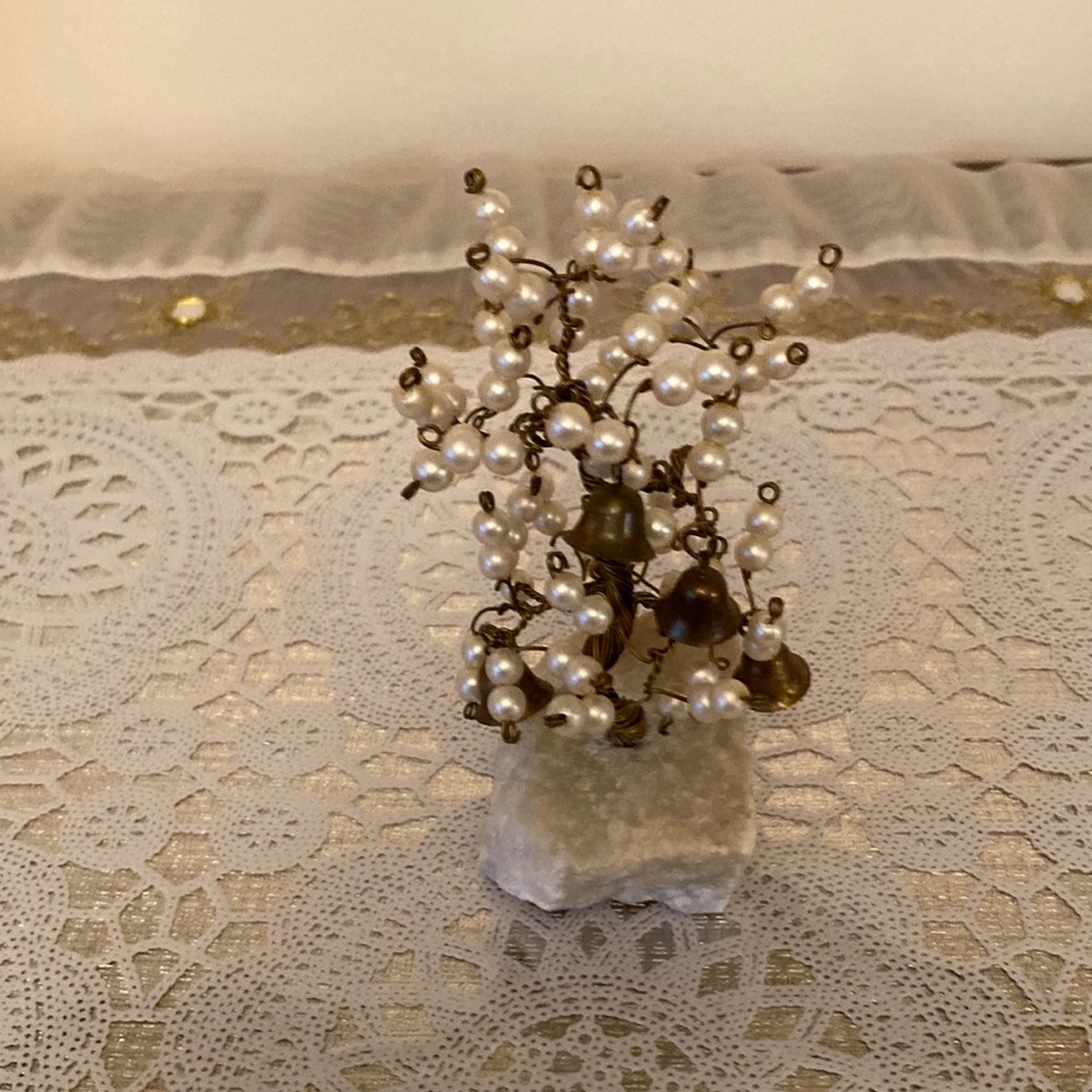 Brass Wire With Faux Pearl Beads Small Brass Bell Tree Sculpture